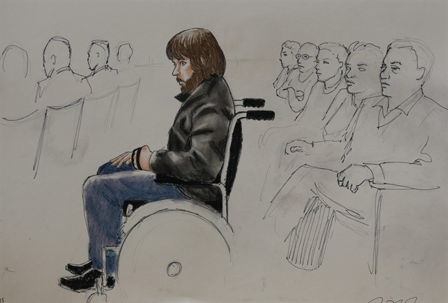 In this Monday, April 27, 2015, sketch by courtroom artist Jeff Kandyba, Caleb Medley, who was shot in the head during the massacre at the theatre in Aurora, Colo., is shown during the opening day of the trial for Aurora, Colo., theatre shooting suspect James Holmes in Centennial, Colo. The trial will determine if Holmes will be executed, spend his life in prison or be committed to an institution as criminally insane. (AP Photo/Jeff Kandyba)