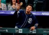 San Diego Padres' Manny Machado yells at home plate umpire Bill Welke, who had called Machado out on strikes during the fifth inning of the team's baseball game against the Colorado Rockies on Saturday, June 15, 2019, in Denver. (AP Photo/David Zalubowski)