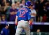 Chicago Cubs' Kyle Schwarber reacts after striking out against Colorado Rockies relief pitcher Wade Davis to end the ninth inning of a baseball game Monday, June 10, 2019, in Denver. (AP Photo/David Zalubowski)