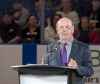 CP
Broadcaster Bob Cole speaks as part of Thank You, Mr. Hockey Day in Saskatoon at Sasktel Centre in Saskatoon, Sunday, September 25, 2016. Howe's remains where interred at a statue of him outside of the arena earlier today. THE CANADIAN PRESS/Liam Richards