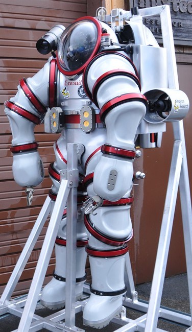 The Exosuit, is shown in Nuytco's North Vancouver shop on Monday, March 19, 2012. Developed and built in North Vancouver by Nuytco Research Ltd, this hard metal dive suit allows divers to operate safely down to a depth of 1000 feet and yet still have exceptional dexterity and flexibility to perform delicate work. THE CANADIAN PRESS/HO-Donnie Reid