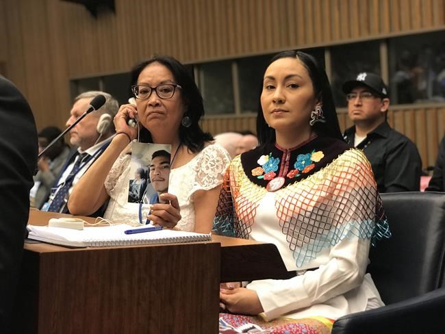 Debbie Baptiste, left, and Jade Tootoosis are shown at United Nations building in New York in this still from the documentary