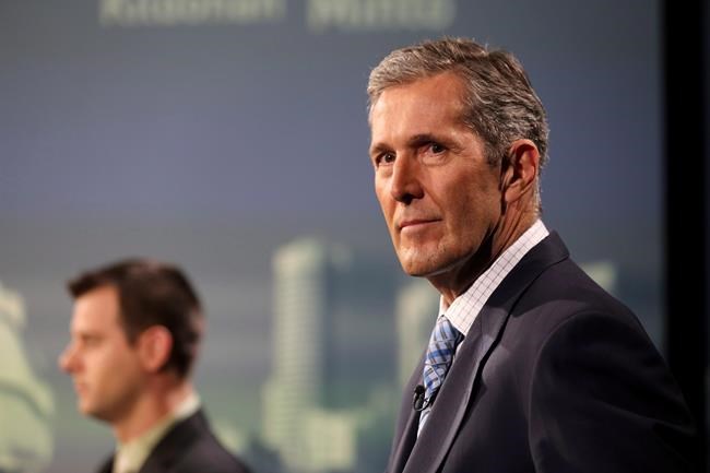 Green Party Leader James Beddome, left, and Progressive Conservative Leader Brian Pallister take part in the provincial leaders' debate in Winnipeg on April 12, 2016. There are calls for Manitoba to be the latest province to offer