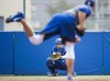 Toronto Blue Jays Catcher Reese McGuire was recalled by the Toronto Blue Jays from triple-A Buffalo ahead of Saturday's game against the Tampa Bay Rays. McGuire, back, catches a ball thrown by teammate J.A. Happ prior to the official opening of the Jays' baseball spring training in Dunedin, Fla., on Monday, Feb. 13, 2017. THE CANADIAN PRESS/Nathan Denette