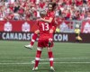 Canada's Jessie Fleming, top, celebrates her goal against Germany with teammate Sophie Schmidt during the second half of women's soccer action in Hamilton, Ont., on June 10, 2018. The world really is Jessie Fleming's oyster. Just 21, she already has won 65 caps and scored eight goals for Canada. And the cerebral midfielder from London, Ont., is expected to play a key role for Canada in the Women's World Cup that kicks off June 7 in France. THE CANADIAN PRESS/Peter Power