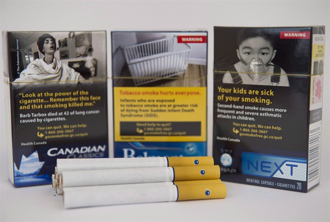 Cigarettes with a squeezable menthol capsule inside the filter are displayed in Toronto on November 18, 2015. The federal government has served notice it is moving to ban the sale of menthol cigarettes in Canada because of their appeal to young and first-time smokers. The posting in the latest Canada Gazette starts the clock on a 30-day public comment period. THE CANADIAN PRESS/Nathan Denette