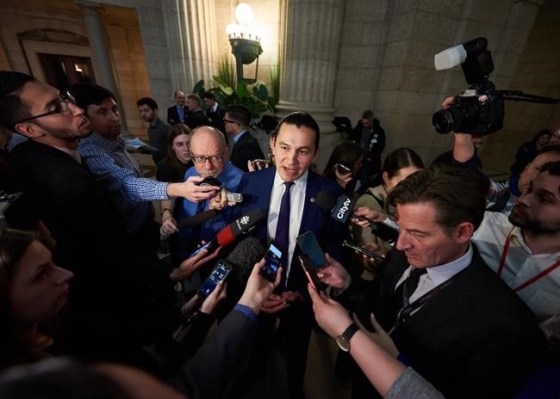 Manitoba NDP Leader Wab Kinew speaks to media following the delivery of Manitoba's 2019 budget, at the Legislative Building in Winnipeg, on March 7, 2019. Manitoba's New Democrats are promising to spend $6.6 billion on infrastructure projects like roads. THE CANADIAN PRESS/David Lipnowski