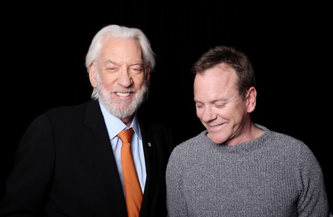 In this Tuesday, Feb. 16, 2016 photo, Donald Sutherland, left, 80, and Kiefer Sutherland, 49, from the film
