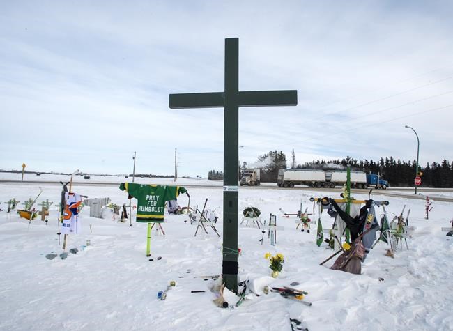 A memorial for the 2018 crash where 16 people died and 13 injured when a truck collided with the Humboldt Broncos hockey team bus, is shown at the crash site on Wednesday, January 30, 2019 in Tisdale, Sask. Saskatchewan's coroner's service has released its report into the Humboldt Broncos bus crash and it calls for tougher enforcement of trucking rules and mandatory seatbelts on highway buses.THE CANADIAN PRESS/Ryan Remiorz
