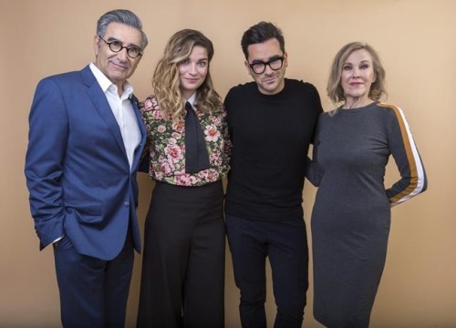 Eugene Levy, from left, Annie Murphy, Daniel Levy and Catherine O'Hara cast members in the Pop TV series 