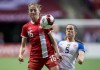 Canada's Janine Beckie, left, and United States' Kelley O'Hara vie for the ball during second half women's friendly soccer action in Vancouver on Thursday, November 9, 2017. Beckie will see plenty of familiar faces when she lines up for Canada against England in an international soccer friendly Friday in Manchester. THE CANADIAN PRESS/Darryl Dyck
