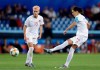Canada's Christine Sinclair, right, passes the ball as teammate Sophie Schmidt watches during the Women's World Cup Group E soccer match between Canada and Cameroon in Montpellier, France, Monday, June 10, 2019. Four years after lightning called a temporary halt to their Women's World Cup clash in Edmonton, Canada and New Zealand meet again at the world soccer showcase with weather threatening to be a factor. THE CANADIAN PRESS/AP/Claude Paris