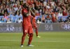 Toronto FC forward Jozy Altidore (17) reacts after missing the net during second half MLS Soccer action against the Montreal Impact, in Toronto, on Saturday, Aug. 24, 2019. Toronto FC striker Jozy Altidore offered a blunt update Monday on the quad strain that has kept him out of the MLS playoffs. THE CANADIAN PRESS/Andrew Lahodynskyj