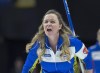 Alberta skip Chelsea Carey directs the sweep as they play British Columbia at the Scotties Tournament of Hearts at Centre 200 in Sydney, N.S. on Monday, Feb. 18, 2019. Carey missed the podium at her first world women's curling championship appearance. She's hoping to win some hardware this time around as she returns to the world playdowns starting March 16 in Silkeborg, Denmark. THE CANADIAN PRESS/Andrew Vaughan