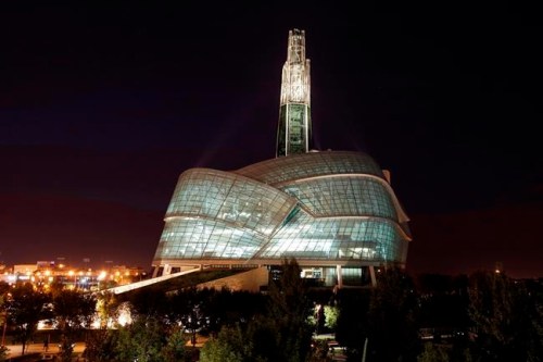 A night view of the Canadian Museum For Human Rights is shown in Winnipeg on September 16, 2014. The Quebec government's latest attempt to legislate on secularism could find its way into the Canadian Museum for Human Rights in Winnipeg. The Legault government's Bill 21 would prohibit public servants in positions of authority -- including teachers, police officers, Crown prosecutors and prison guards -- from wearing religious symbols on the job, and the Coalition Avenir Quebec government intends to see it passed into law within a month. The museum, which has exhibits exploring issues that include freedom of religion and conscience, said it is planning to refresh its exhibit on Quebec's attempts to deal with secularism. THE CANADIAN PRESS/John Woods