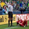 Real Salt Lake's Fabian Espindola, right, jokes with Referee's Assistant Joe Fletcher during the second half of play in a MLS soccer match in Seattle on May 12, 2012. After two World Cups and numerous other big matches, Canada's Joe Fletcher is retiring as an assistant referee. The 42-year-old Fletcher, from St. Catharines, Ont., by way of Niagara Falls, says the time is right. He leaves at the top of his game, having been named MLS assistant referee of the year in 2018. THE CANADIAN PRESS/AP, Stephen Brashear