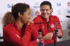 Team Canada soccer players Desiree Scott and Christine Sinclair joke around during a press conference in Winnipeg, Tuesday, June 6, 2017 prior to their match against Costa Rica. It's not quite the scene of the crime but Sinclair will be just 7.5 kilometres away from Old Trafford when she leads Canada out against England in a friendly April 5. THE CANADIAN PRESS/John Woods
