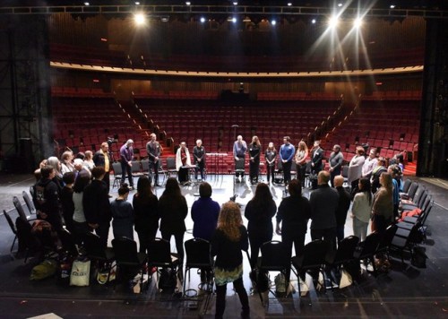 An historic meeting on February 13, 2016 when 28 Indigenous artists met with all of the Artistic Leaders on the NAC Theatre stage to talk about building an Indigenous Theatre Department at the NAC is shown in a handout photo.THE CANADIAN PRESS/HO- Fred Cattroll