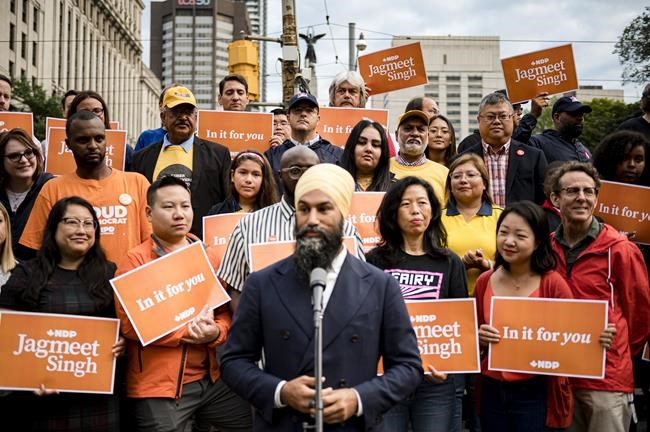 NDP Leader Jagmeet Singh makes an announcement in Toronto on Monday, September 2, 2019. On Monday, the NDP became the fifth and final major party to unveil its campaign catch phrase, hoping maybe