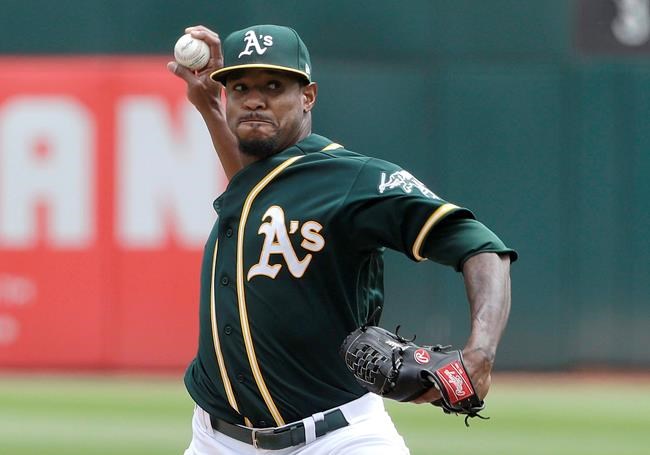 Oakland Athletics pitcher Edwin Jackson throws against the Texas Rangers during the first inning of a baseball game in Oakland, Calif., Wednesday, Aug. 22, 2018. The Toronto Blue Jays have shored up their injury-riddled starting rotation by acquiring right-hander Edwin Jackson from the Oakland Athletics for cash considerations. THE CANADIAN PRESS/AP-Jeff Chiu