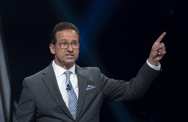 Bloc Quebecois leader Yves-Francois Blanchet takes part in the the Federal leaders French language debate in Gatineau, Que. on Thursday, October 10, 2019. Elyse Bodnar, a long-time Liberal voter, says she thinks Bloc Quebecois Leader Yves-Francois Blanchet is just