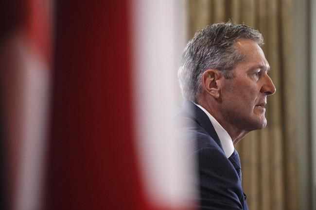 Manitoba Premier Brian Pallister speaks at a press conference during the Council of Federation meetings in Edmonton Alta, on Tuesday July 18, 2017. There's a game of chicken of sorts happening at the Manitoba legislature as the government and opposition fight over a budget bill, and the result could be a snap election and uncertainty over a promised tax cut. THE CANADIAN PRESS/Jason Franson