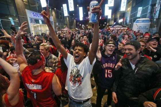 Toronto Raptors fans cheer at Rogers Square at a public viewing of game five of the NBA Finals between the Raptors and the Golden State Warriors in Halifax, Monday, June 10, 2019. Fans across Canada are gearing up for the Toronto Raptors to play in Game 6 of the NBA Finals tonight as the team takes a second shot at clinching the championship. THE CANADIAN PRESS/Tim Krochak