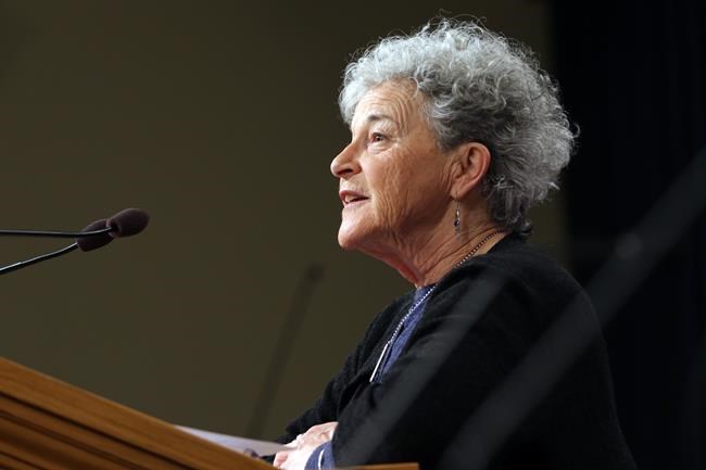 Moms Stop the Harm co-founder Leslie McBain speaks during a press conference about the release of the latest provincial statistics by the BC Coroners Service at Legislature in Victoria, B.C., on February 7, 2019. THE CANADIAN PRESS/Chad Hipolito