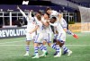 Montreal Impact celebrate their second goal by Anthony Jackson-Hamel, first-pumping, during the second half of an MLS soccer game against the New England Revolution, Wednesday, April 24, 2019, in Foxborough, Mass. Concerns are being raised about how Major League Soccer handles travel snags and scheduling after some tough games for two Canadian teams. The Montreal Impact were scheduled to fly to Boston on Tuesday evening, but their flight was first delayed for five hours, then cancelled entirely. THE CANADIAN PRESS/AP, Stew Milne