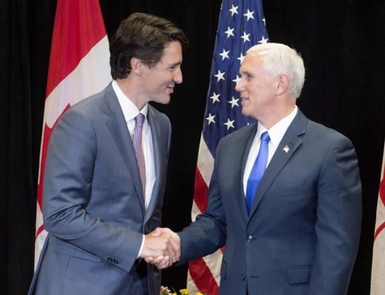 Prime Minister Justin Trudeau meets with American Vice-President Mike Pence at the National Governor's Association (NGA) Special Session - Collaborating to Create Tomorrow's Global Economy, in Providence, R.I., Friday, July 14, 2017. Trudeau and Pence are expected to discuss the ratification process for the new North American trade agreement when they meet today in Ottawa. THE CANADIAN PRESS/Ryan Remiorz