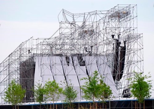 A collapsed stage is shown at Downsview Park in Toronto on Saturday, June 16, 2012. An inquest is set to get underway today into the fatal stage collapse at a Radiohead concert in Toronto nearly seven years ago. The band's drum technician, Scott Johnson, was killed when a massive structure crashed down on him on June 16, 2012 - just hours before Radiohead was set to take the stage at Downsview Park. THE CANADIAN PRESS/Nathan Denette