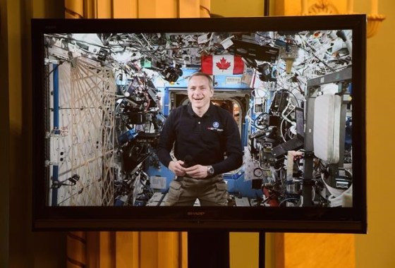 Canadian Space Agency astronaut David Saint-Jacques is seen on a live monitor from the International Space Station during a video conference with Prime Minister Justin Trudeau and Governor General Julie Payette and a group of students at Rideau Hall in Ottawa on Monday, Jan. 14, 2019. Astronaut David Saint-Jacques will become the first Canadian spacewalker in 12 years when he embarks on a roughly seven-hour mission planned for today. THE CANADIAN PRESS/Sean Kilpatrick