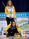 Ryan Remiorz / The Canadian Press
Alberta skip Val Sweeting calls a shot as Manitoba skip Chelsea Carey looks on during their semifinal match at the Scotties Tournament of Hearts curling action on Saturday in Montreal. Carey's team fell 6-5 to Sweeting.