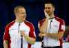JEFF MCINTOSH / THE CANADIAN PRESS 
Newfoundland and Labrador skip Brad Gushue (right) shares an inside joke with third Mark Nichols Sunday at the Brier in Calgary.