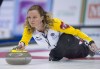 Graham Hughes / The Canadian Press
Team Manitoba skip Chelsea Carey delivers her rock against Quebec at the Scotties Tournament of Hearts in Montreal this afternoon.