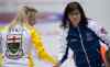 JONATHAN HAYWARD / THE CANADIAN PRESS
Nova Scotia skip Mary-Anne Arsenault (right) shakes hands with Manitoba skip Jennifer Jones after beating the Olympic champions during the morning draw in Moose Jaw, Sask., Wednesday.