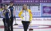 JONATHAN HAYWARD / The Canadian Press
Nova Scotia lead Jennifer Baxter and second Jane Snyder look on as Manitoba skip Jennifer Jones watches her shot during a morning draw at the Scotties Tournament of Hearts in Moose Jaw, Sask., Wednesday. Team Manitoba took its first loss of the tournament from Nova Scotia and later rebounded with a win over New Brunswick.