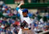 Chicago Cubs starting pitcher Kyle Hendricks throws against the Los Angeles Angels during the first inning of a baseball game Saturday, April 13, 2019, in Chicago. (AP Photo/Nam Y. Huh)