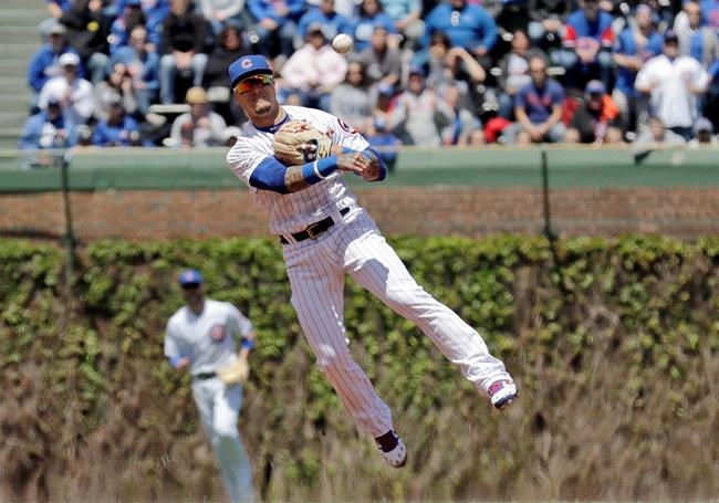 Chicago Cubs shortstop Javier Baez throws out Milwaukee Brewers' Ryan Braun at first during the first inning of a baseball game Friday, May 10, 2019, in Chicago. (AP Photo/Nam Y. Huh)