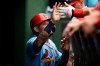 St. Louis Cardinals' Yadier Molina celebrates with teammates in the dugout after scoring on a Rangel Ravelo single during the fourth inning of baseball game against the Chicago Cubs Saturday, Sept. 21, 2019, in Chicago. (AP Photo/Paul Beaty)
