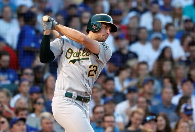 Oakland Athletics' Matt Olson watches his two-run single off Chicago Cubs starting pitcher Jon Lester during the second inning of a baseball game Tuesday, Aug. 6, 2019, in Chicago. (AP Photo/Charles Rex Arbogast)