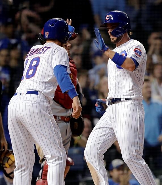 Chicago Cubs' Ben Zobrist celebrates with Kris Bryant after they scored on a two-run double by Anthony Rizzo during the sixth inning of a baseball game against the St. Louis Cardinals, Sunday, May 5, 2019, in Chicago. (AP Photo/Nam Y. Huh)