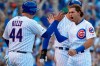 Chicago Cubs' Albert Almora Jr., right, celebrates with teammate Anthony Rizzo after scoring a run against the Seattle Mariners during the seventh inning of a baseball game Monday, Sept. 2, 2019, in Chicago. (AP Photo/Jim Young)