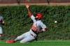St. Louis Cardinals right fielder Dexter Fowler (25) tries to make a play on a single hit by Chicago Cubs' Nico Hoerner during the seventh inning of a baseball game Friday, Sept. 20, 2019, in Chicago. (AP Photo/Matt Marton)