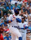 Chicago Cubs' Jason Heyward watches after hitting a two-run double during the seventh inning of a baseball game against the Cincinnati Reds in Chicago, Wednesday, July 17, 2019. (AP Photo/Nam Y. Huh)