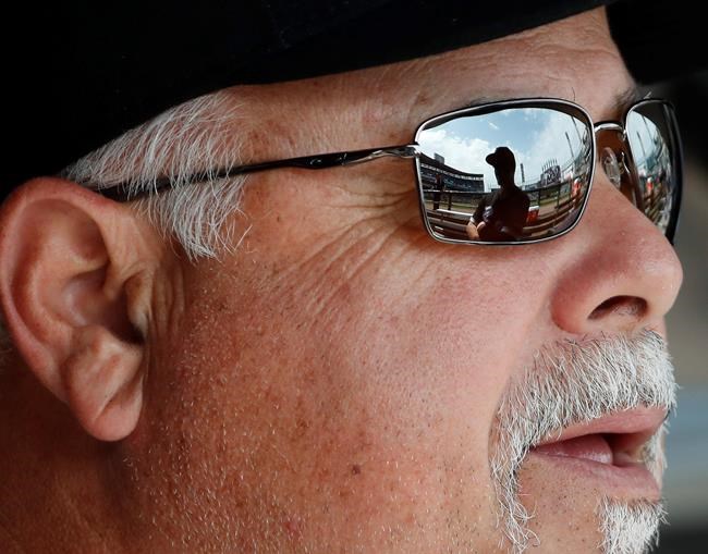 Chicago White Sox manager Rick Renteria listen to his catcher Zack Collins, reflected in his glasses, before a baseball game between the Minnesota Twins and the Chicago White Sox Saturday, June 29, 2019, in Chicago. (AP Photo/Jeff Haynes)