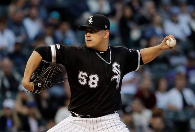 Chicago White Sox starting pitcher Manny Banuelos throws to a Cleveland Indians batter during the third inning of a baseball game in Chicago, Thursday, May 30, 2019. (AP Photo/Nam Y. Huh)