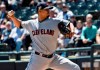 Cleveland Indians starter Carlos Carrasco pitches against the Chicago White Sox during the first inning of a baseball game, Tuesday, May 14, 2019, in Chicago. (AP Photo/David Banks)