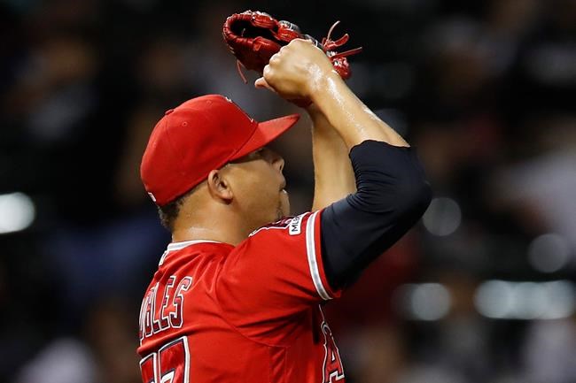 Los Angeles Angels' Hansel Robles celebrates his team's win against the Chicago White Sox in a baseball game Saturday, Sept. 7, 2019, in Chicago. (AP Photo/Jim Young)