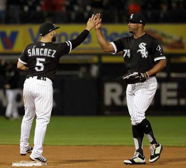 Chicago White Sox's Eloy Jimenez, right, celebrates with Yolmer Sanchez after they defeated the New York Yankees in a baseball game in Chicago, Friday, June 14, 2019. (AP Photo/Nam Y. Huh)